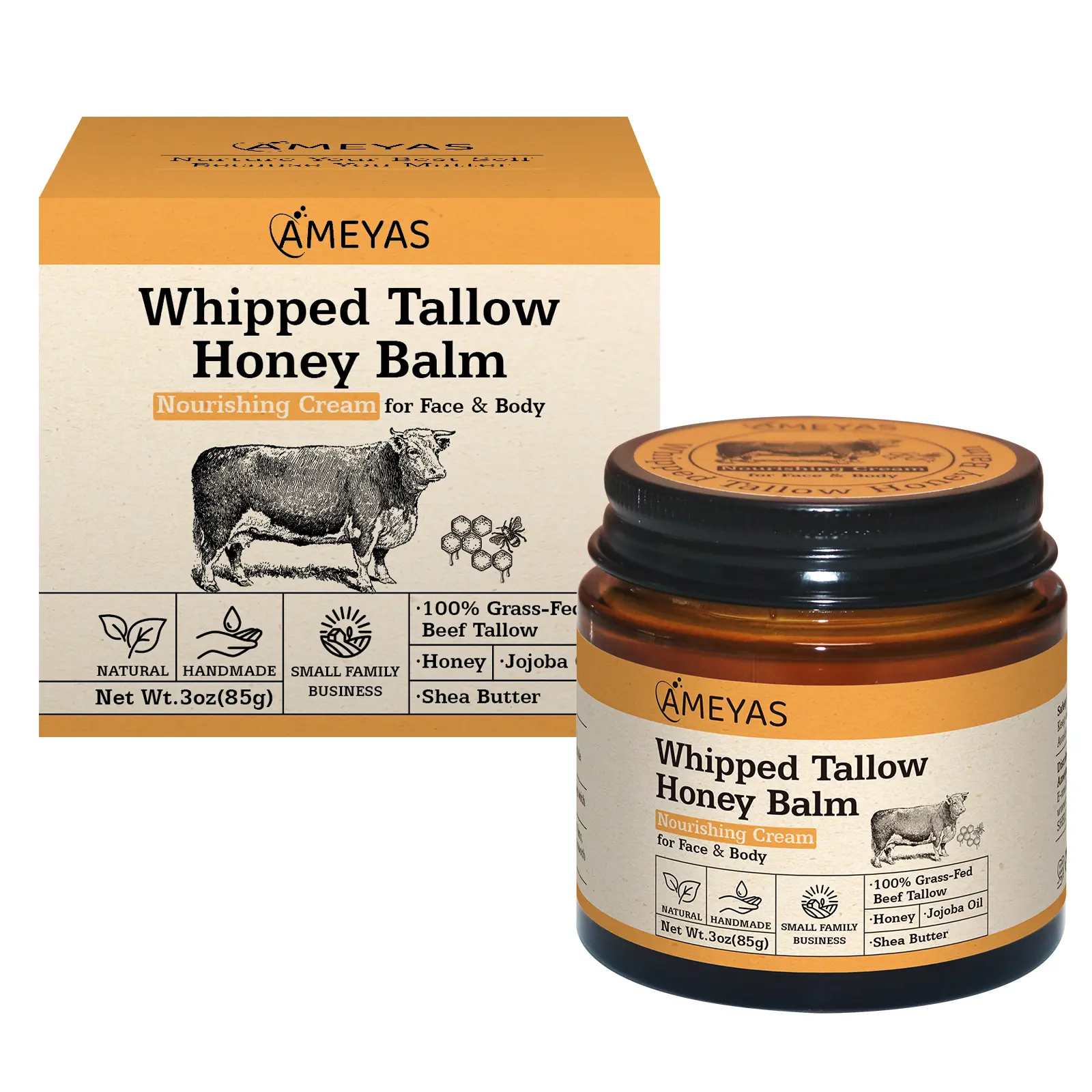 Ameyas Organic Handcrafted Tallow & Honey Balm for Skin - 100% Grass Fed Beef Tallow with Shea Butter - 3 oz Whipped Moisturizer for Sensitive Skin - Natural Ingredients & Versatile Use