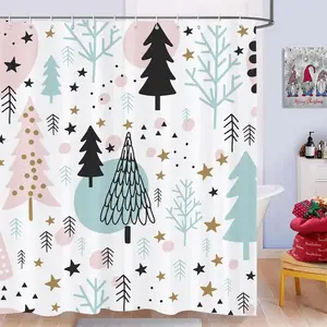 Christmas Cute Tree & Star Waterproof Shower Curtain, Perfect Bathroom Decor, Easy to Clean, Multiple Sizes Available, Includes Hooks