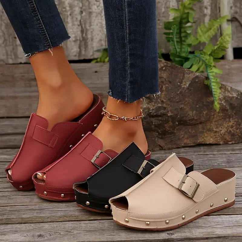 (New)Women's Beige Wedge Sandals - Comfortable Open-Toe Slip-On Clogs with Buckle Straps & Studded Sole, Casual Summer Platform Shoes in Red, Black, or Tan