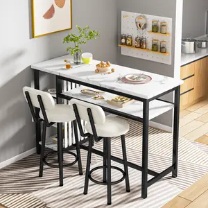 AWQM Set of 3 pub table and chairs, Modern White Faux Marble Table with 2 PU Cushion Bar Stools, Kitchen Counter with 3 Tier Storage Shelves, Space Saving Table for Home & Kitchen, Black Frame, Gold Frame