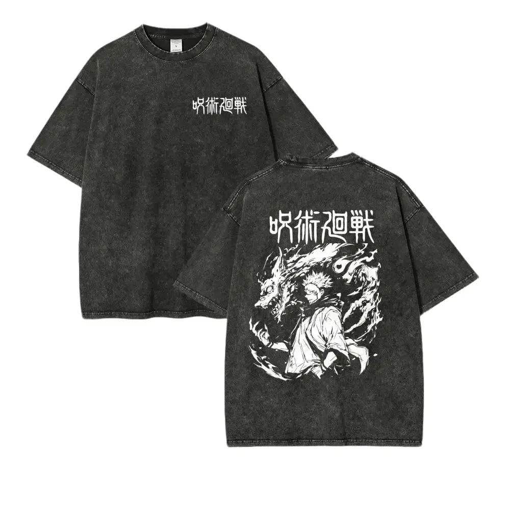 Valentine Shirts Jujutsu Kaisen Yuji Itadori Double‑Print Vintage Acid Washed T‑Shirt, 90s Anime Graphic Oversized Streetwear Top, Retro Heavy Cotton Casual Tee, Vacation Outfit Essential Unisex Apparel Gift for JJK Fans Men Women