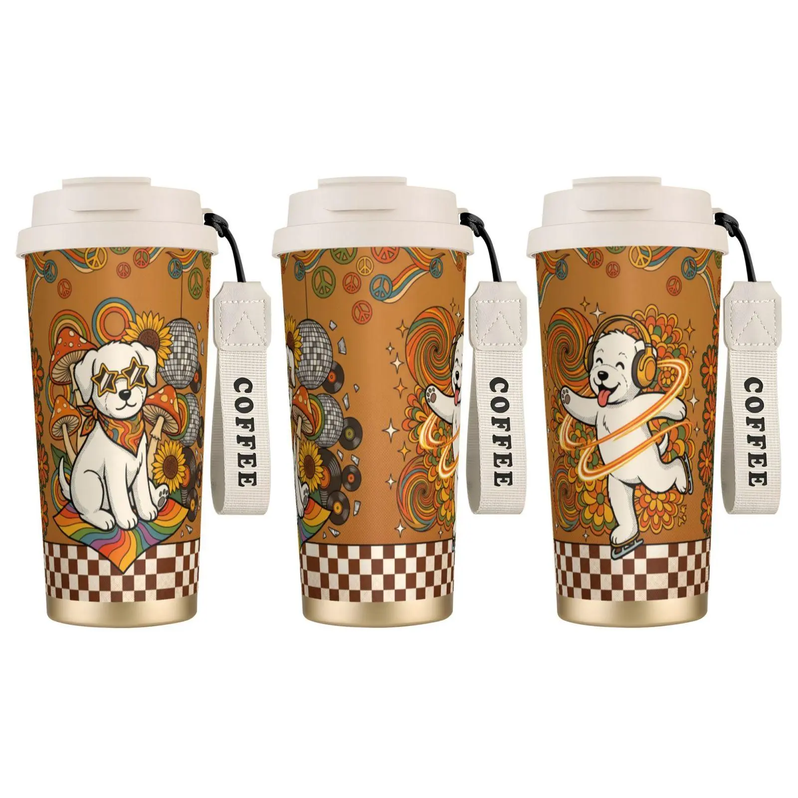 1pc 18oz Double-Wall 316 SS Vacuum Flask - Acid & Alkali Resistant Insulated Thermal Tumbler with Lid, Stylish Retro 70s Disco Groovy Hippie Art White Puppy & Roller Skates Design, Portable Dual-Drink Hot/Cold Coffee Kitchenware Gift
