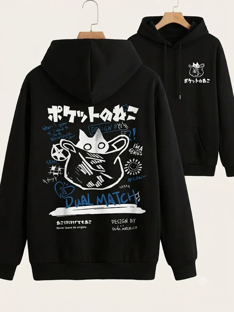 Men's Cartoon Cat & Letter Print Drawstring Thermal Lined Knit Hoodie, Casual Regular Fit Long Sleeve Pocket Hooded Sweatshirt for Fall & Winter, Men's Clothes for Daily Wear, Graphic Hoodies, Casual Streetwear Hoodie Menswear Aesthetics