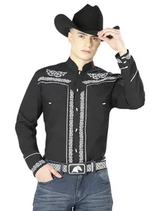 El General Men's Traditional Embroidered Western Charro Shirt Black/White 40782