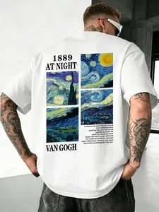 Men's Vintage Short Sleeve T-Shirt, Vincent Van Gogh Starry Night Print, Loose Fit Oversized Casual Top, High Street Fashion, Streetwear