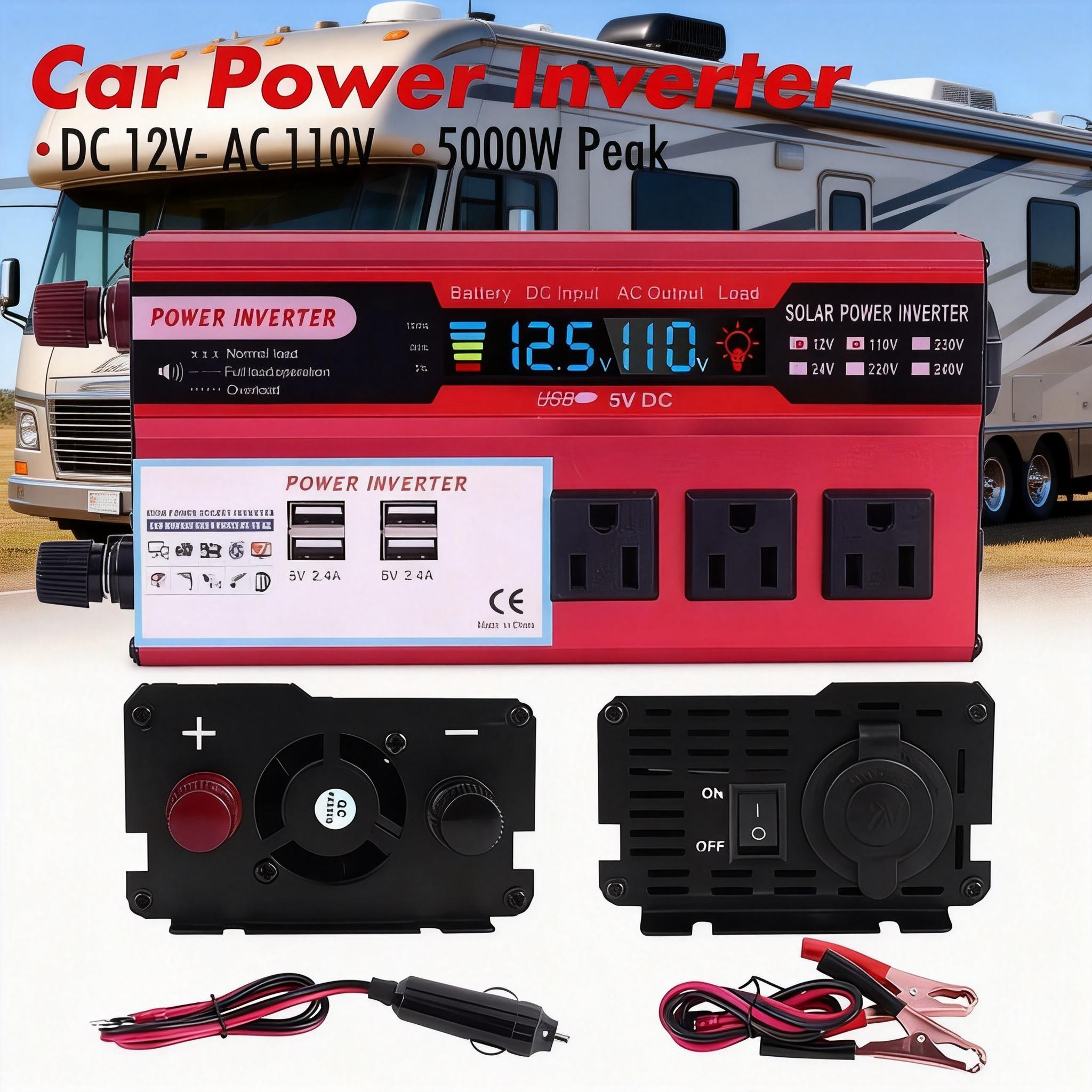 5000W Car Power Inverter with Cooling Fan DC 12V to 110V AC Converter for Vehicle RV Truck Road Trip Essentials