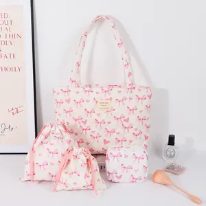 4 pcs Makeup Bags, Vanity Purse, Vintage Vanity Bag, Printed Floral Patchwork Women Casual Quilted One-Shoulder ToteBag Portable Large Capacity ShoppingBag, For Office Commuting Travel And Vacation Essentials Cosmetics Toiletry Storage Bag, Holiday Gift