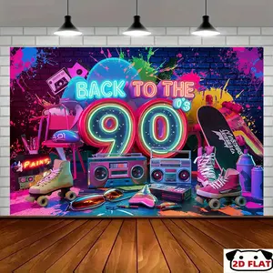 2D Flat Banner 1pc, Back to 90's Party Banner - Vibrant Neon Retrowith "Back to 90's" Sign, Skateboards, Radio & More - Polyesterfor Home, Room & Party Decoration, Nostalgic Event Decor | 90S Inspired D