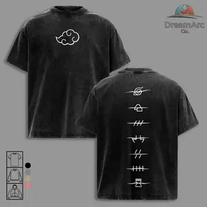 Akatsuki Clan Logo Vintage Washed Oversize T-Shirt, Naruto Anime Graphic Tee, Heavyweight Cotton Streetwear Shirt, Retro Washed Unisex Casual Top, Gift for Naruto Fans