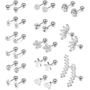 Women's 14PCS Stainless Steel Flower Opal CZ Cartilage Stud Earrings Set - 14 Mixed Motifs Geometric Shapes, Lightweight Steel+Zirconia Design, Easy to Put On/Take Off, Daily Wear & Wedding-Ready