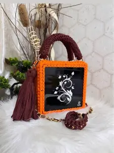 Handmade Crochet Box Handbag – Orange & Brown Statement Purse with Gold Chain & Tassel