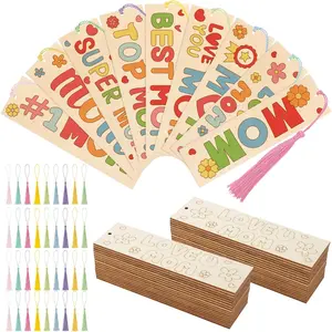 36 Pcs Color Your Own Mother's Day Bookmarks for Kids DIY Wooden Blank Bookmarks Bulk with Hanging Tassel for Mother's Day Crafts Birthday Gift
