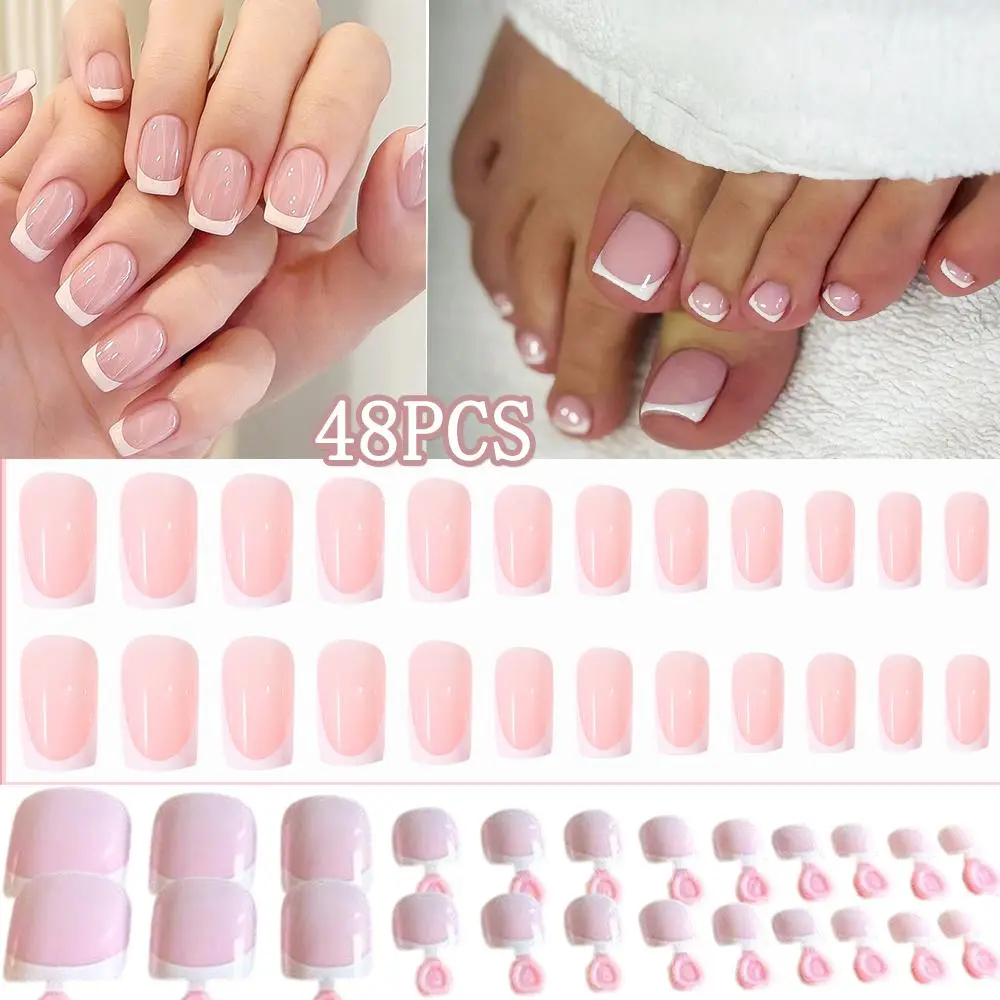 48Pcs/Set Nude Pink White French Press On Nails For Hand&Foot Glossy Short Square Full Cover False Fingernail&Toenail Fake Nails