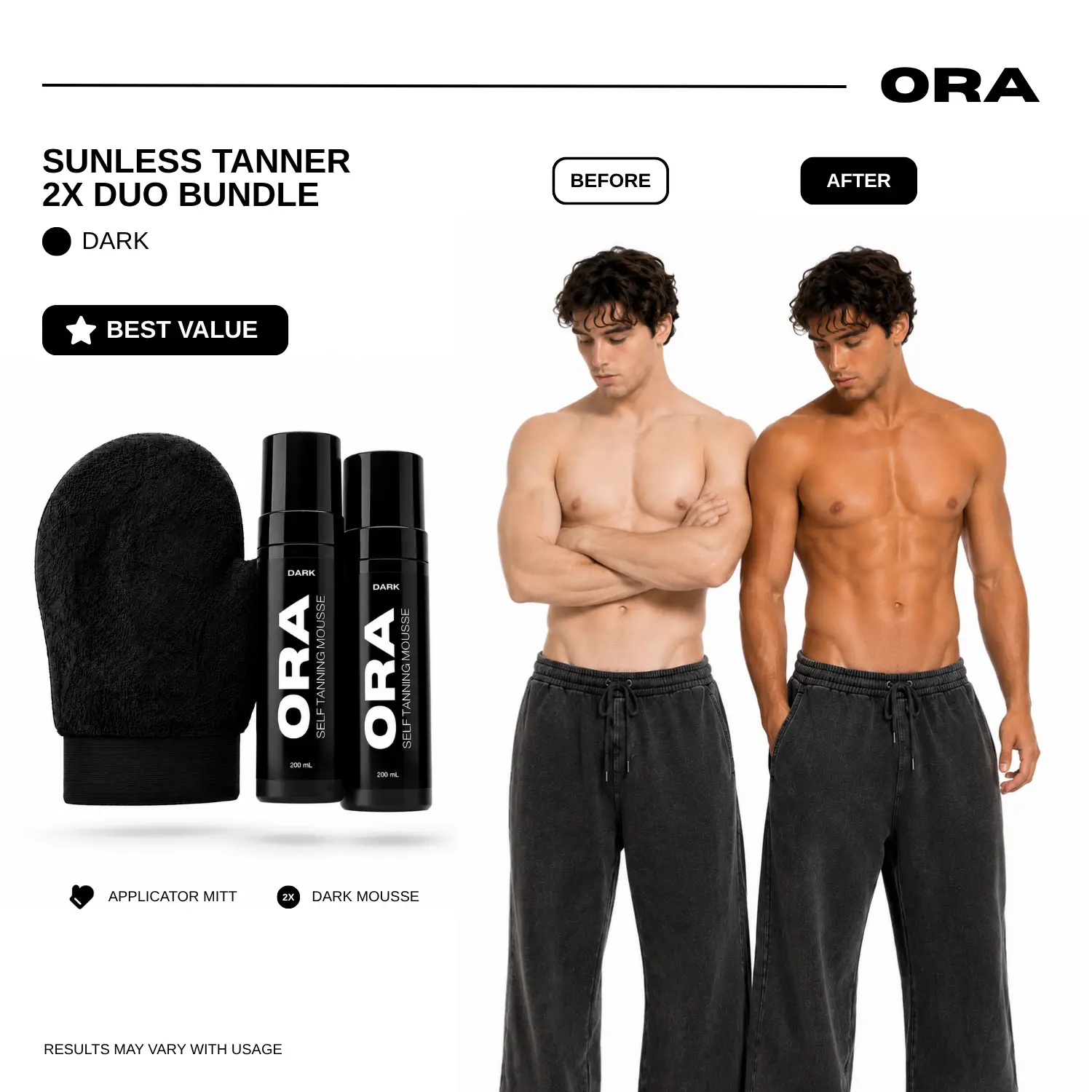 ORA Dark Self Tanning Mousse Duo Kit - 2 x 200mL Self Tanner + Premium Velvet Applicator Mitt | Streak-Free Sunless Tanner for Men, Natural Looking Fake Tan, Muscle-Defining, Fast-Drying, Vegan & Cruelty-Free