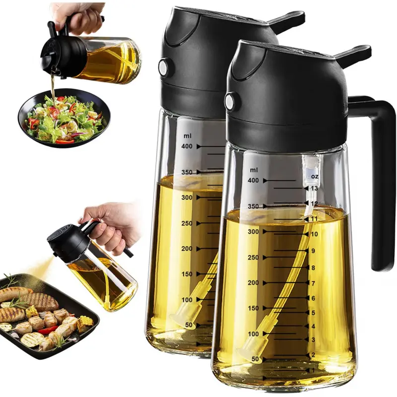 16 oz/470ml glass olive oil spray - kitchenware and air fryer accessories, salad, barbecue 2 in 1 olive oil dispenser - black
