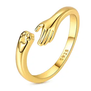 MULA S925 Sterling Silver and 18K Gold Plated Pet Paw and Hand Open Ring, Adjustable Animal Lover Jewelry Gift for Women and Girls for Birthday, Valentine's Day, Mother's Day, Christmas