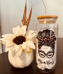 16oz Libby Glass “Mom Boss” Cup with Glass Straw