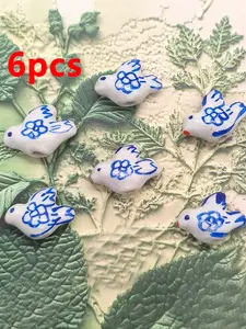 6pcs 1.9x1.4cm Vintage Blue and White Porcelain Dove Ceramic Beads Retro Floral Pattern Bird Charms Oriental Style Handmade DIY Jewelry Making Bracelet Necklace Accessories Beaded Jewelry Supplies Artistic Design Materials Fashion Aesthetic Trend