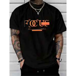 [Printed T-shirt] Men's casual patterned T-shirt, orange "FOCUS" design, unique double-circle "O" shape, featuring "NY" and "01-05" text elements, stylish loose fit, suitable for everyday wear, a perfect addition to the wardrobe