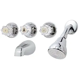 212 MAIN Bay Pointe 3-Acrylic Handle Tub and Shower Faucet - Chrome Finish, Brass Body, Threaded Mount, Washerless, Hot/Cold Functionality