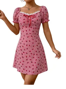 Sweet spicy plaid strawberry mini dress, sweetheart neck puff sleeve A-line skirt with lace trim and bow decor. Retro Y2K summer style, perfect for beach dates and parties