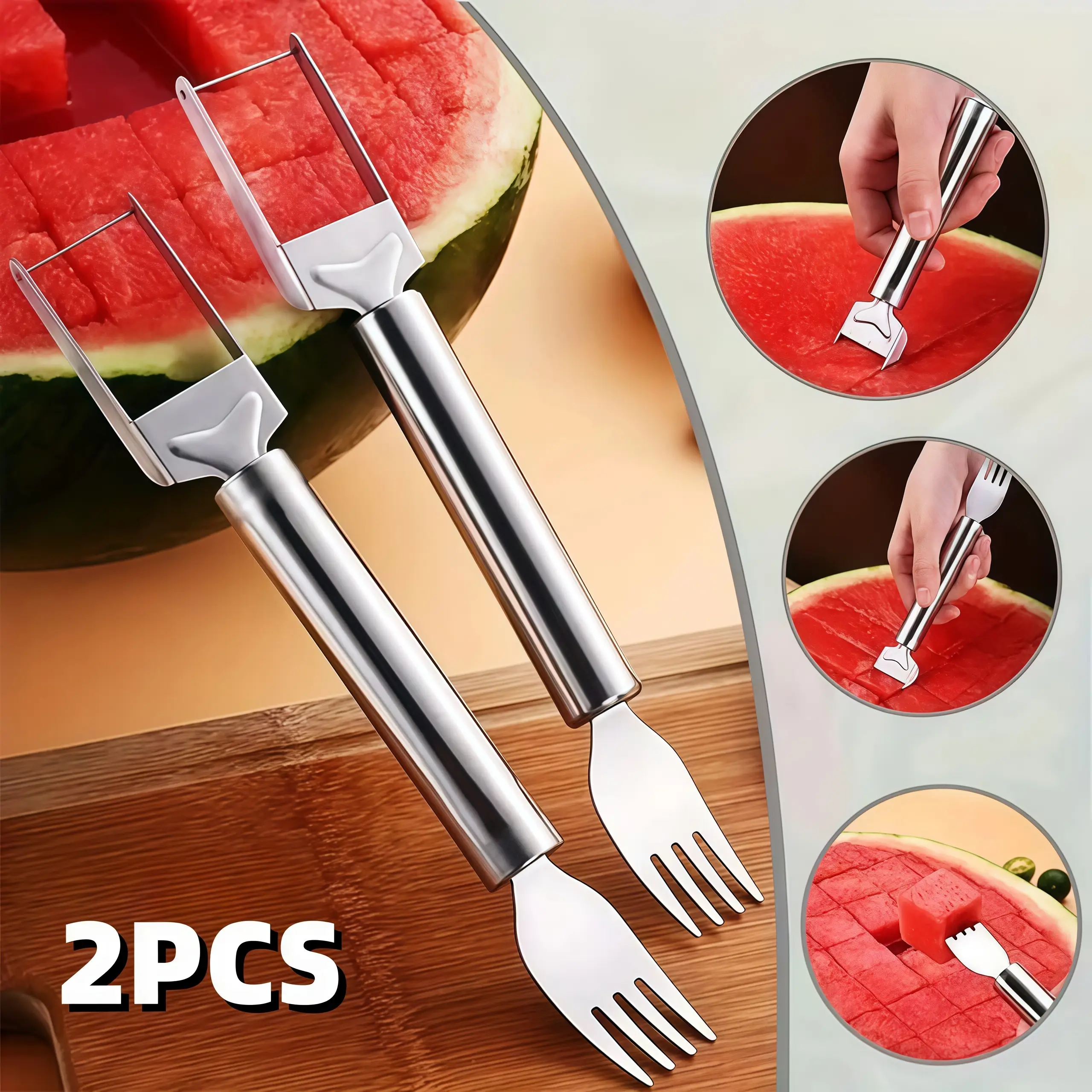 Stainless Steel 2-in-1 Watermelon Slicer & Fork - Easy Cutting Tool for Kitchen & Restaurant Use, Durable Design Fruit Utensils