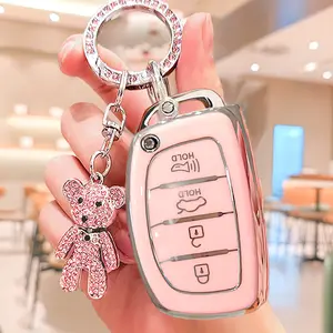 Modern Car Keychain Set with Rhinestone Bear Design, Soft Tpu Protective Cover, Key Fob Protector for Hyundai Ix35 Ix25 Elantra Santa Fe Sonata Gift