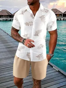 Men's Tropical Leaf Print 2-Piece Loungewear Set - Short Sleeve Camp Collar Shirt & Beige Drawstring Shorts, Soft Breathable Fabric, Relaxed Fit for At-Home Lounging, Lazy Weekends & Casual Evenings, Menswear