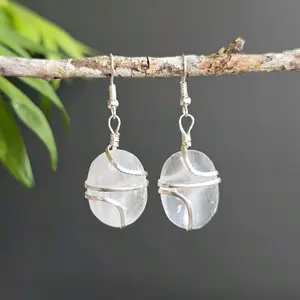 Selenite Crystal Dangle Earrings: Wire Wrapped Gemstone Drop Earrings