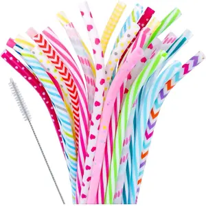 30 Pieces Reusable Plastic Straws BPA-Free 9" Colorful Printing Hard Platic Stripe Drinking Straw for Mason Jar Tumbler Family or Party Use Cleaning Brush Included(Random Pattern) (Bent)