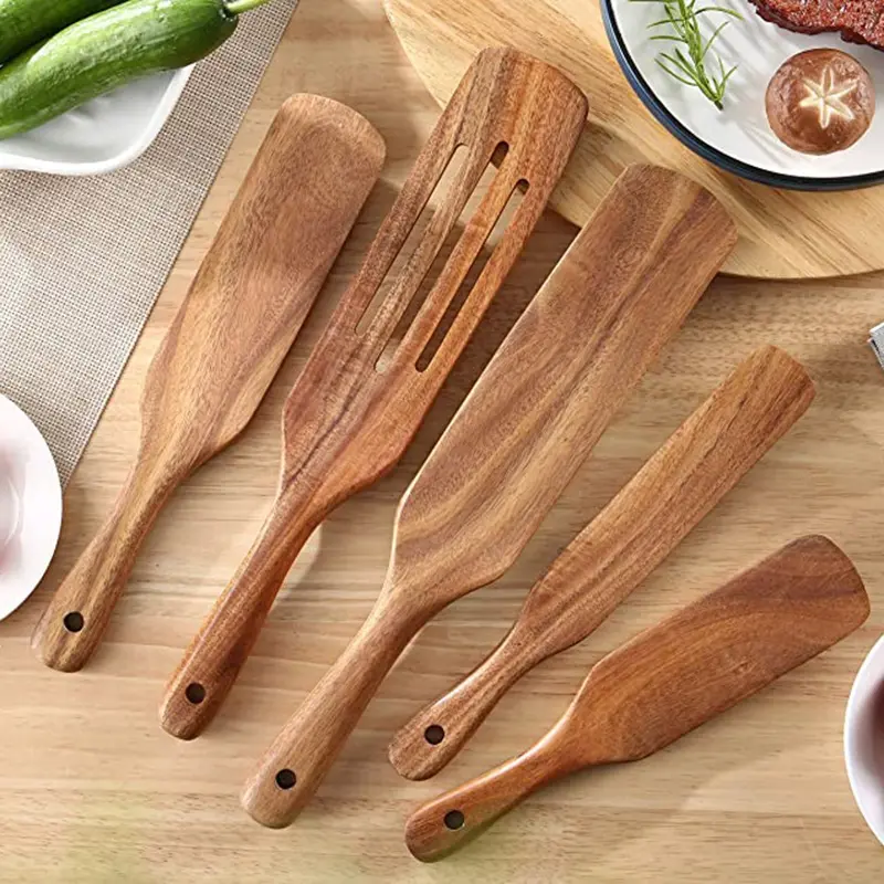 5-Pcs Multi-Size Teak Wooden Spurtles Cookware Set - Heat-Resistant, Non-Stick Kitchen Spatula Utensils for Stirring, Mixing