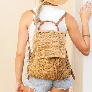 Woven Straw Backpack - Brown Color, Adjustable Straps, Versatile Design for Everyday Use