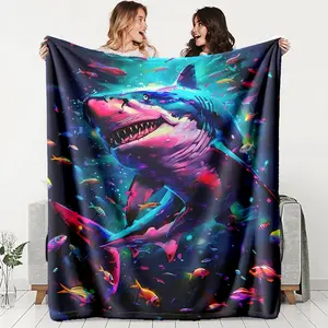 Neon Shark Flannel Blanket, Soft and Warm, 100% Fiber, Perfect for Bed, Sofa, Office, Camping, Travel, Ideal Gift
