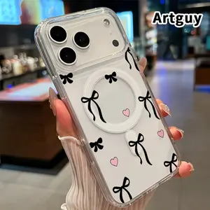 Magnetic Phone Case Supports Wireless Charging for iPhone 17 16  Pro Max Plus 15 14 13 12 11 Air E Bows and Hearts Pattern Non-Yellowing Shockproof Soft Silicone Transparent Acrylic Large Hole Cover