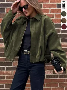 Women's pilot jacket, zip-up winter coat, bomber jacket, fleece-lined with inner lining, loose short design, with zip and pocket designs, street style, suitable for cold weather