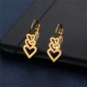 Women's Elegant Minimalist Golden Linked Heart-Shaped Artificial Gemstone Earrings - 3-Pieces Trio Set, Fashion Jewelry Accessories, Ideal Gifts