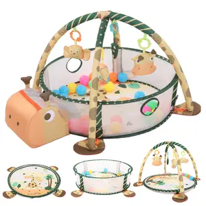COMOMY Baby Play Mat, 3 in 1 Baby Play Gym Activity Mat, with Hanging Toys and Ocean Balls, for Infants Toddlers, Orange Giraffe