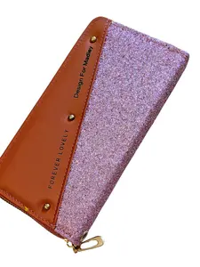 Forever Lovely "Design For Madley" Glitter Wallet | Two-Tone Pink & Tan Long Clutch | Elegant Fashion Purse with Gold Zipper