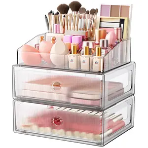 HomeTuk M1  2 Tier/3 Tier Clear Makeup Organizer with Drawer, PET Cosmetic Storage for Dresser, Countertop & Bathroom Vanity, Holders for Lipstick, Brushes, Skincare & Beauty Supplies