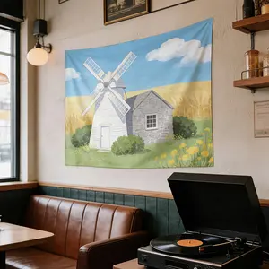 Rustic Dutch Country Horizontal Windmill Landscape Tapestry Wall Hanging - Printed Fabric with Wind Turbine, Modern Farmhouse Aesthetic, Suitable for Dorm, Bedroom Decor, Ideal as a Gift