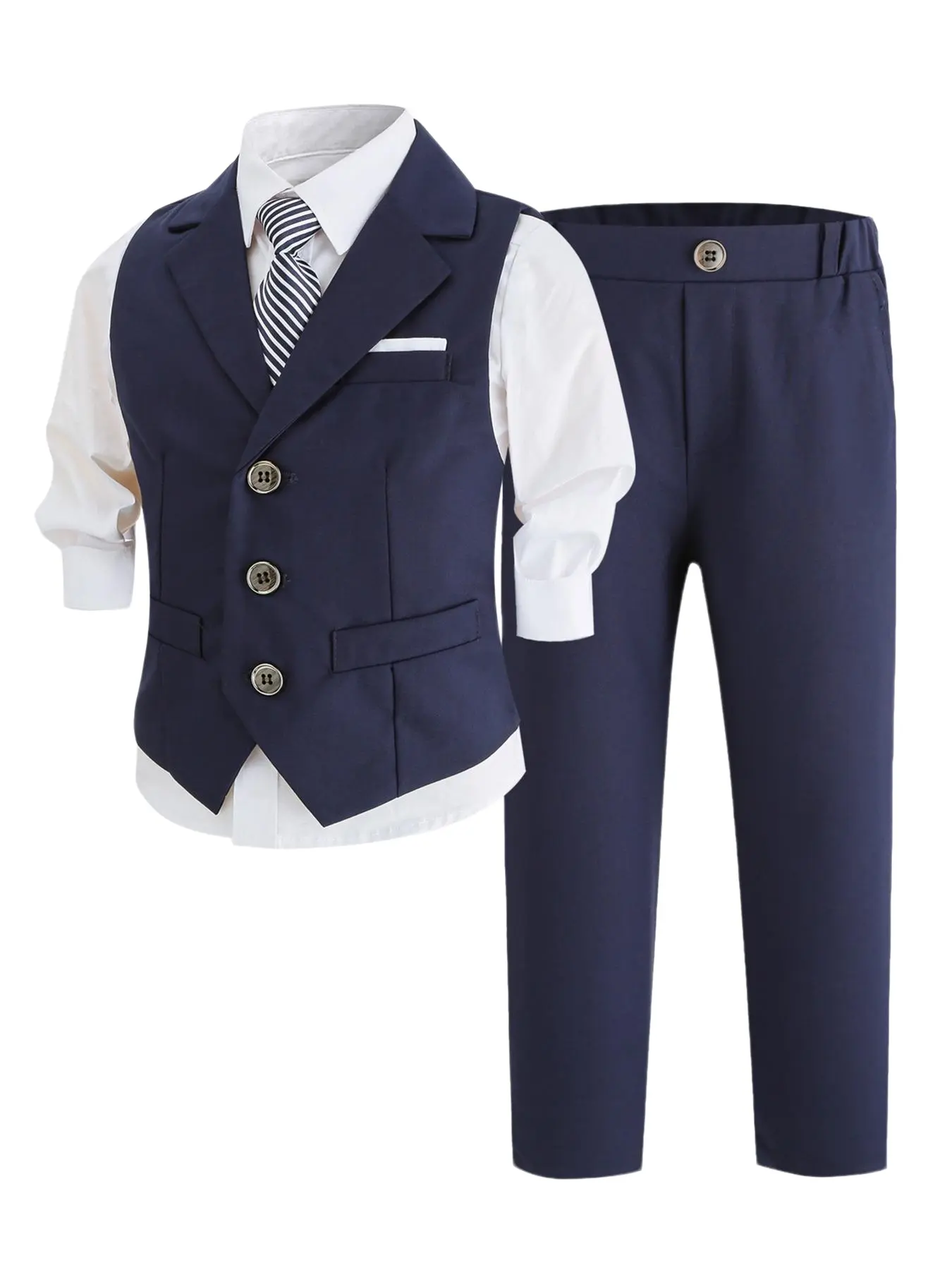 Premium Boys Formal 3-Piece Suit Classic Sets | Lapel Vest + Elastic Waist Pants + Striped Tie | 5 Colors: Red, White, Black, Navy, Gray | Sizes 100-150cm | Slim Fit Ring Bearer Outfit for Weddings & Performances (No Shirt) Outfits Set