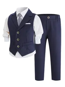 Premium Boys Formal 3-Piece Suit | Lapel Vest + Elastic Waist Pants + Striped Tie | 5 Colors: Red, White, Black, Navy, Gray | Sizes 100-150cm | Slim Fit Ring Bearer Outfit for Weddings & Performances (No Shirt)