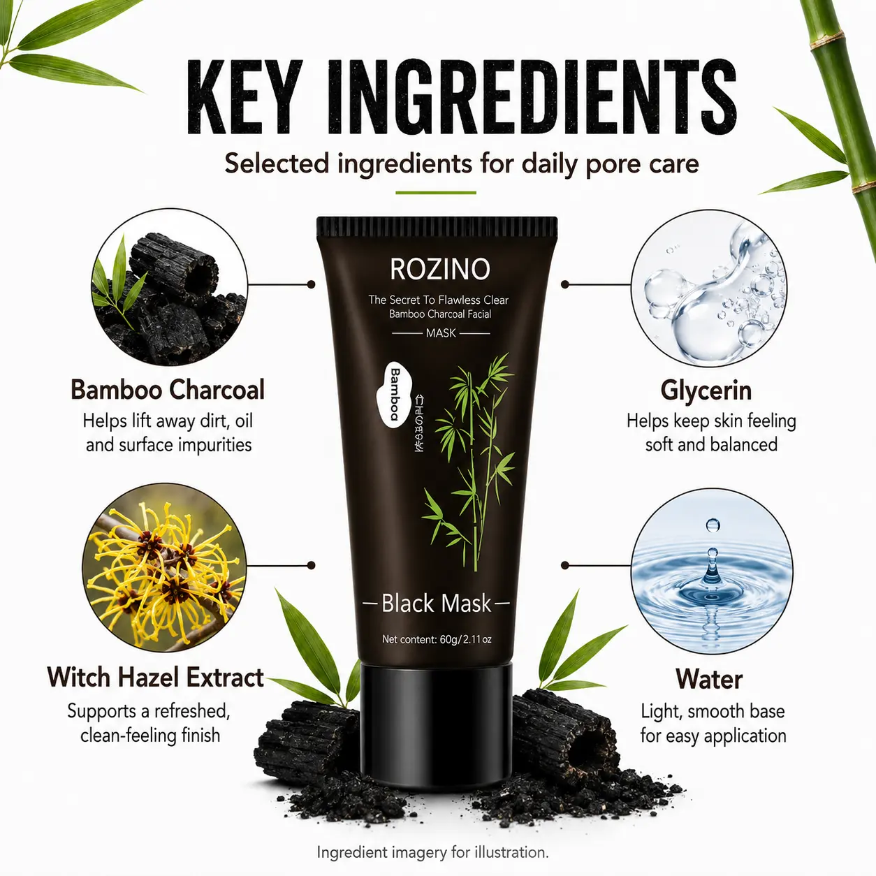 [2 Pack] ROZINO Bamboo Charcoal Peel Off Face Mask 60g - Deep Cleansing Blackhead Remover Mask, Pore Purifying Treatment with Charcoal Extract, Hydrating Skincare for Smooth & Fresh Looking Skin Daily Facial