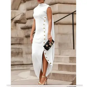 Peng Loose Sleeveless Solid Color Side-Slit Shawl-Collar Maxi Dress