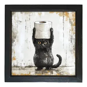 Charming Black Cat with Toilet Paper Farmhouse Canvas Art - Rustic Wooden Framed Print, 8x8 Inch - Whimsical Wall Decor for Living Room, Bedroom, Kitchen, Laundry, Bathroom - Ideal Gift for Teachers Day, Mother'S Day, Father'S Day, Cat Deco