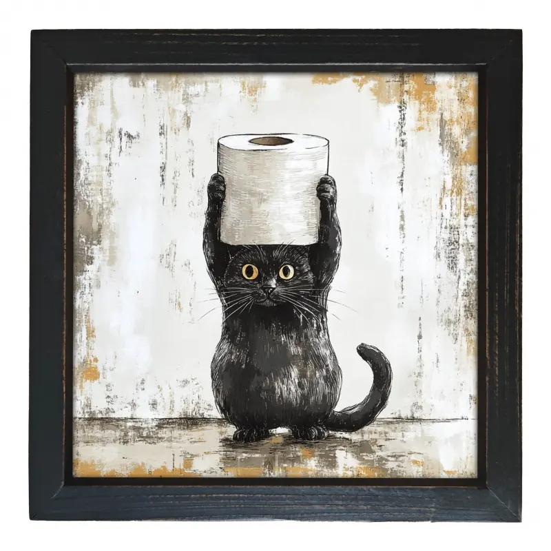 Charming Black Cat with Toilet Paper Farmhouse Canvas Art - Rustic Wooden Framed Print, 8x8 Inch - Whimsical Wall Decor for Living Room, Bedroom, Kitchen, Laundry, Bathroom - Ideal Gift for Teachers Day, Mother'S Day, Father'S Day, Cat Deco