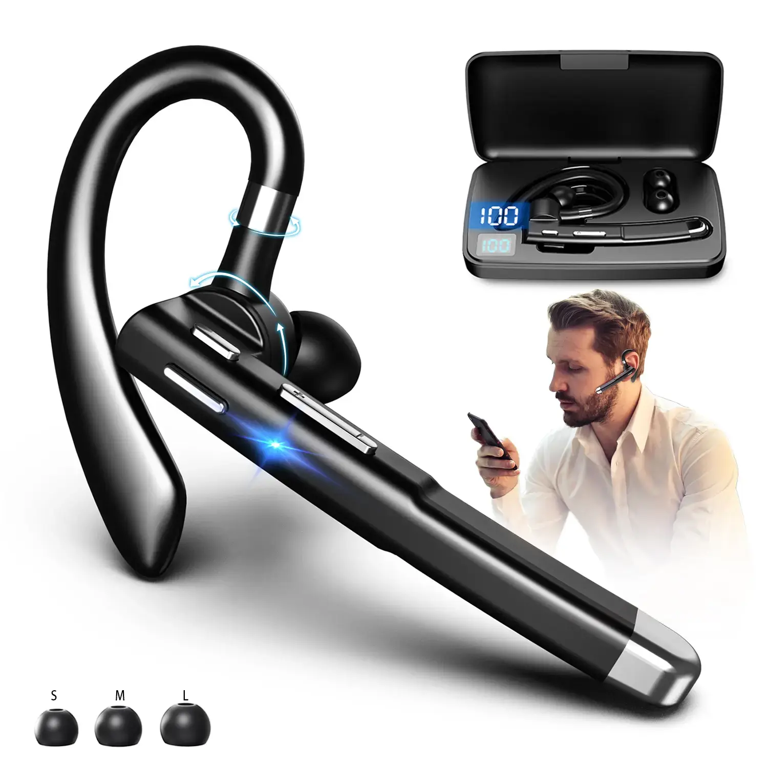 Bluetooth 5.3 Trucker Headset with Charging Case - Digital Electronic Audio Earpiece, Button-Controlled Hands-Free Earphones with Built-In Microphone for Drivers, Instant Connectivity to Cellphones, Chargeable