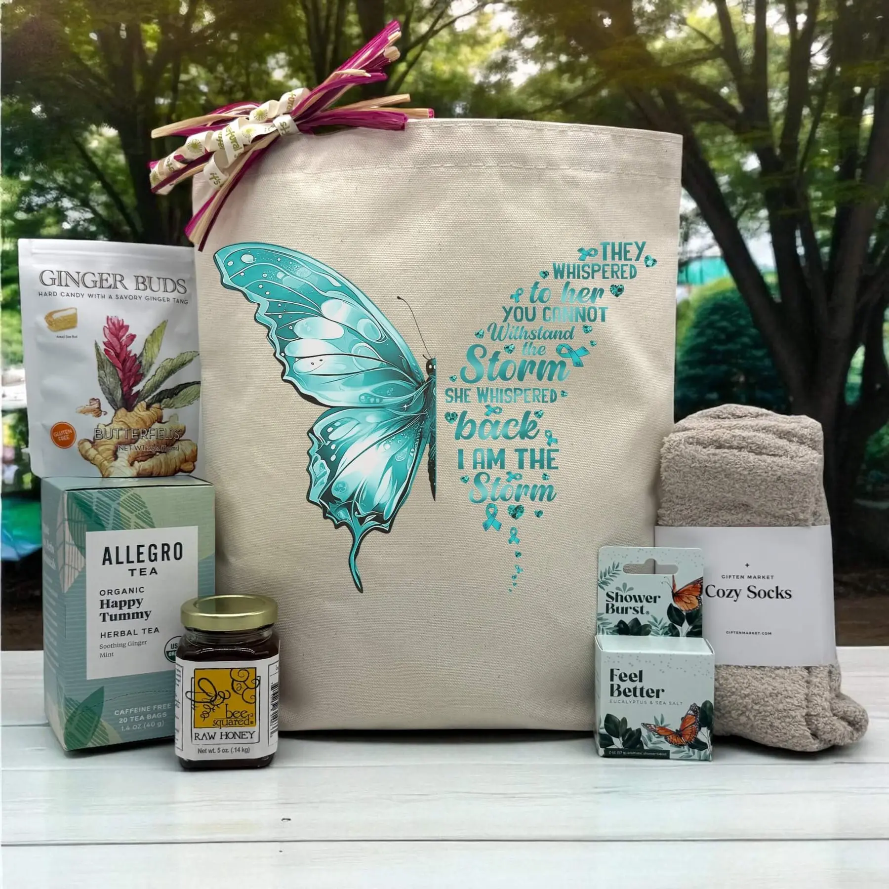 I Am The Storm Gift Basket Comfort & Encouragement Collection with Tote Bag Ginger Buds ,Tea  Bath Bomb Socks Natural Flower, Natural Honey