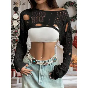 Women's hollowed out crochet sweater boat collar pullover long sleeved open navel knitted autumn beach coverRAIMENTRY
