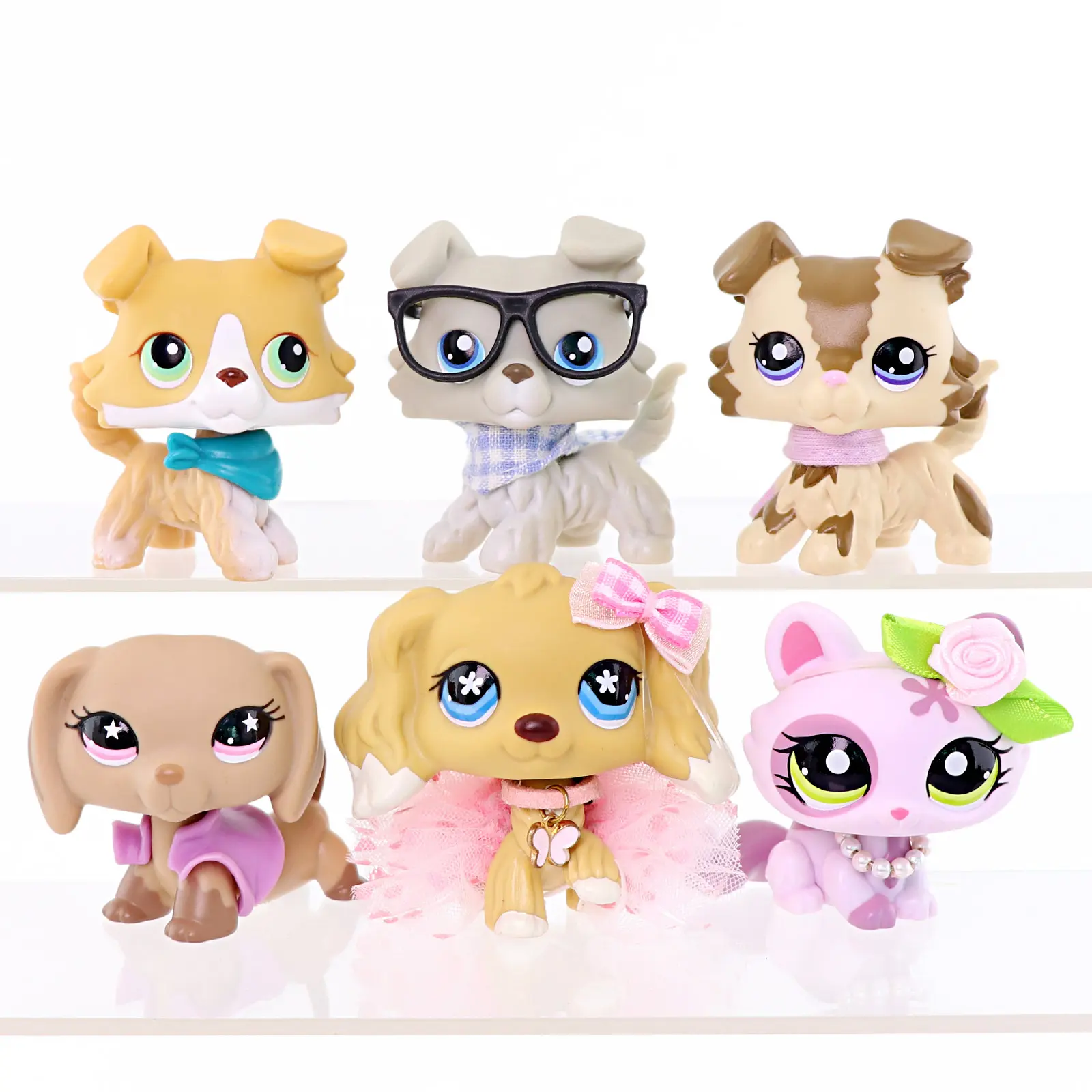 6Pcs Cute Mini Pet Figurines Set, Kawaii Cartoon Cat & Dog Figures with Tutu Skirt, Bow, Glasses, Flower Necklace Accessories, Collectible Animal Toy, Desk Ornament, Birthday Gift for Girls Kids